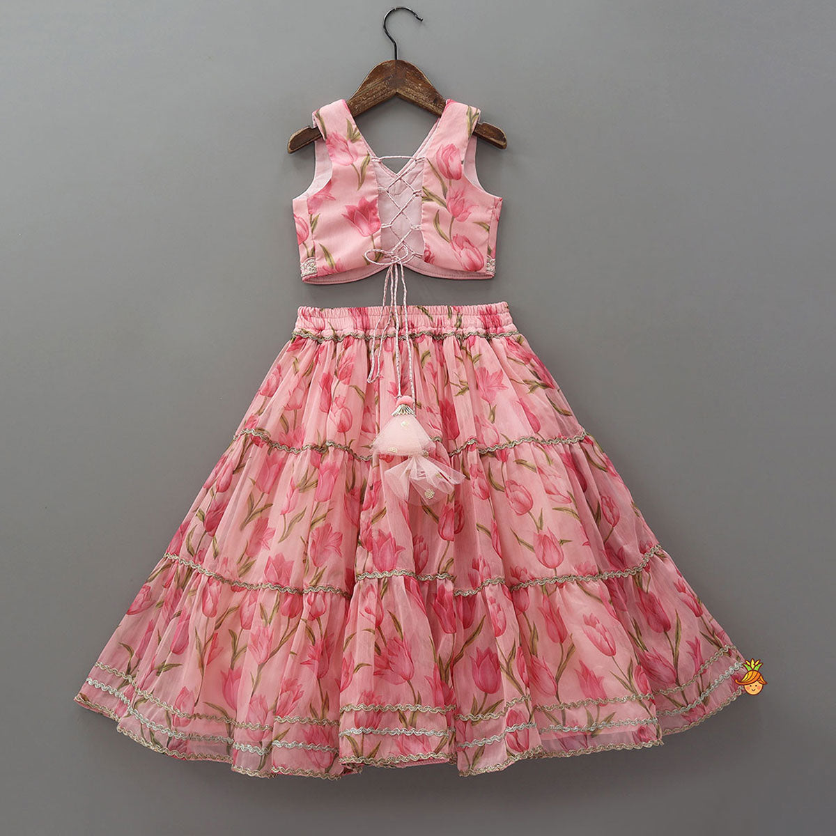 Pre Order: Floral Printed Crop Top And Lehenga With Matching Dupatta