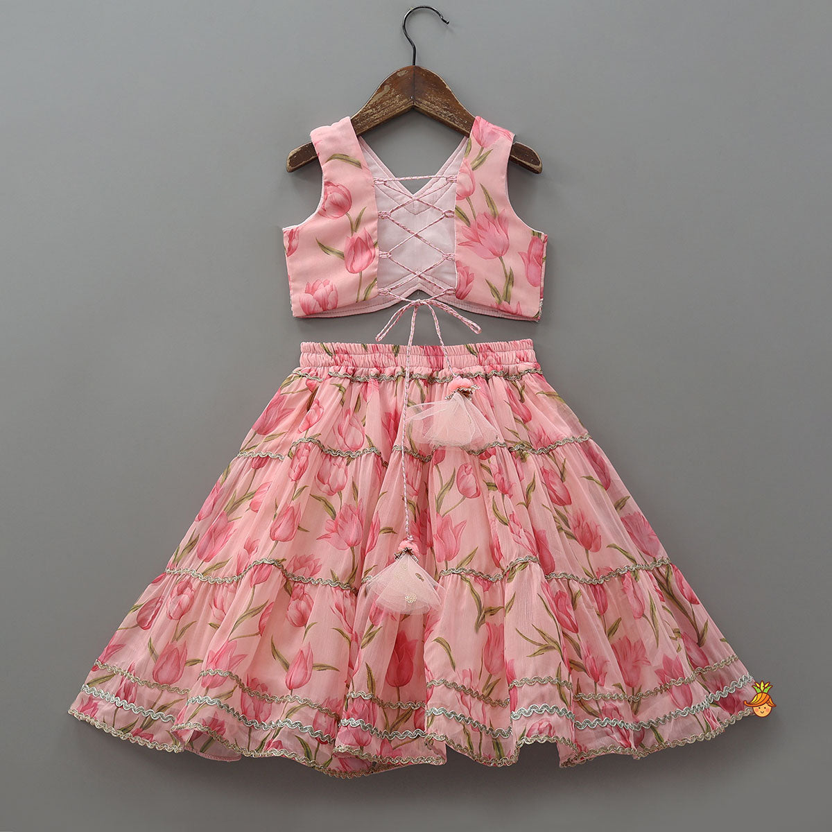 Pre Order: Floral Printed Crop Top And Lehenga With Matching Dupatta