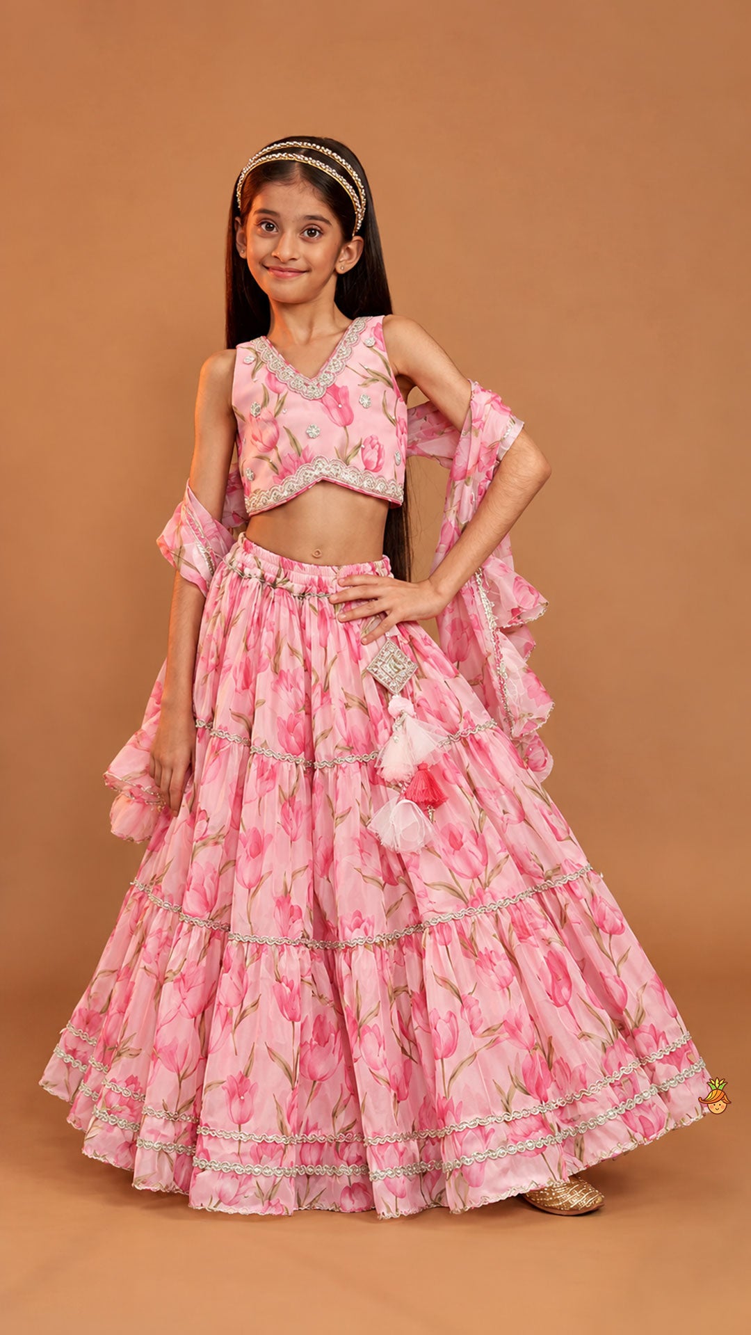 Pre Order: Floral Printed Crop Top And Lehenga With Matching Dupatta