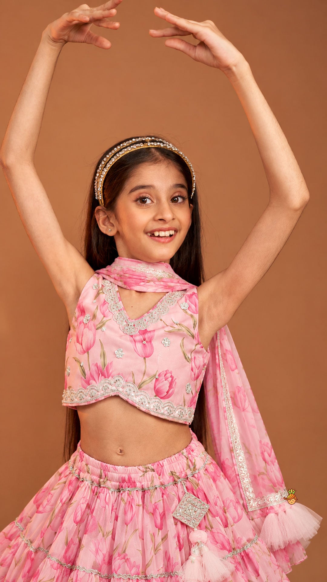 Pre Order: Floral Printed Crop Top And Lehenga With Matching Dupatta