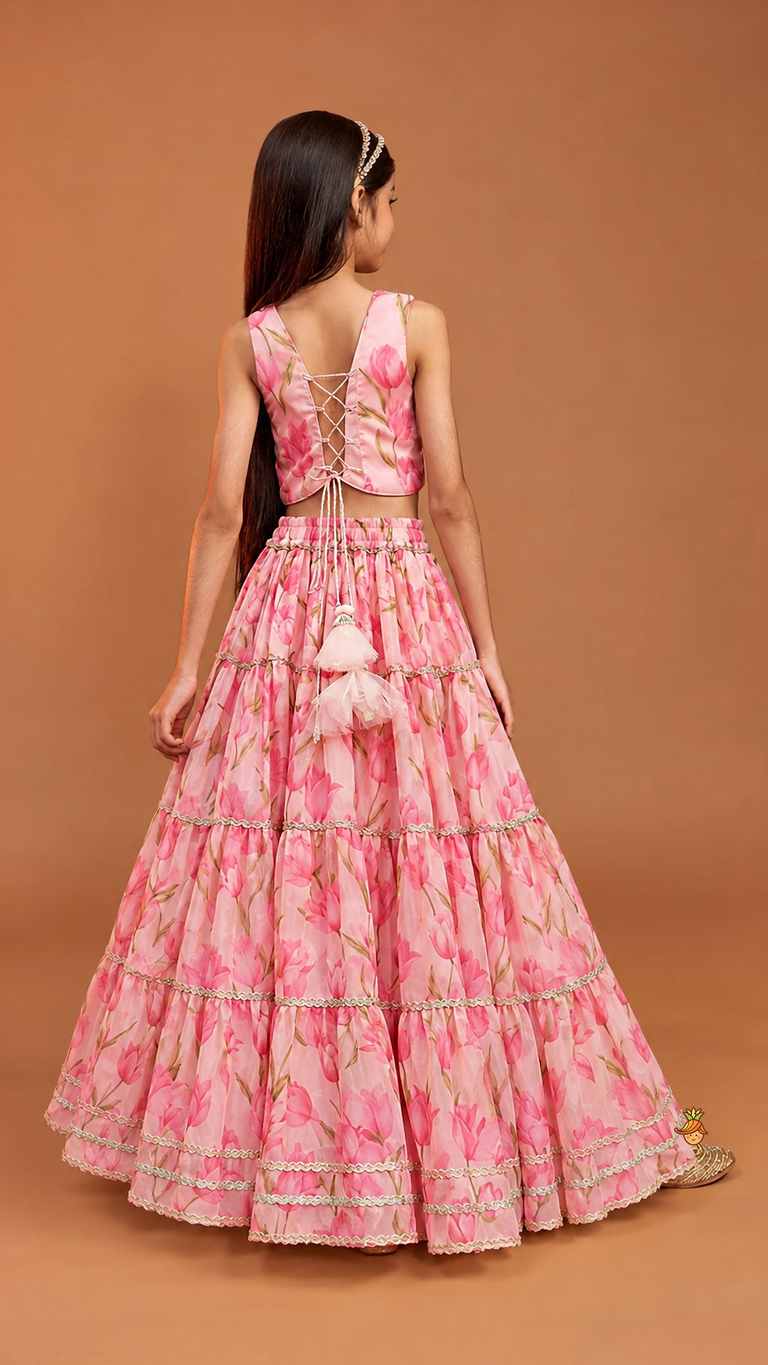 Pre Order: Floral Printed Crop Top And Lehenga With Matching Dupatta