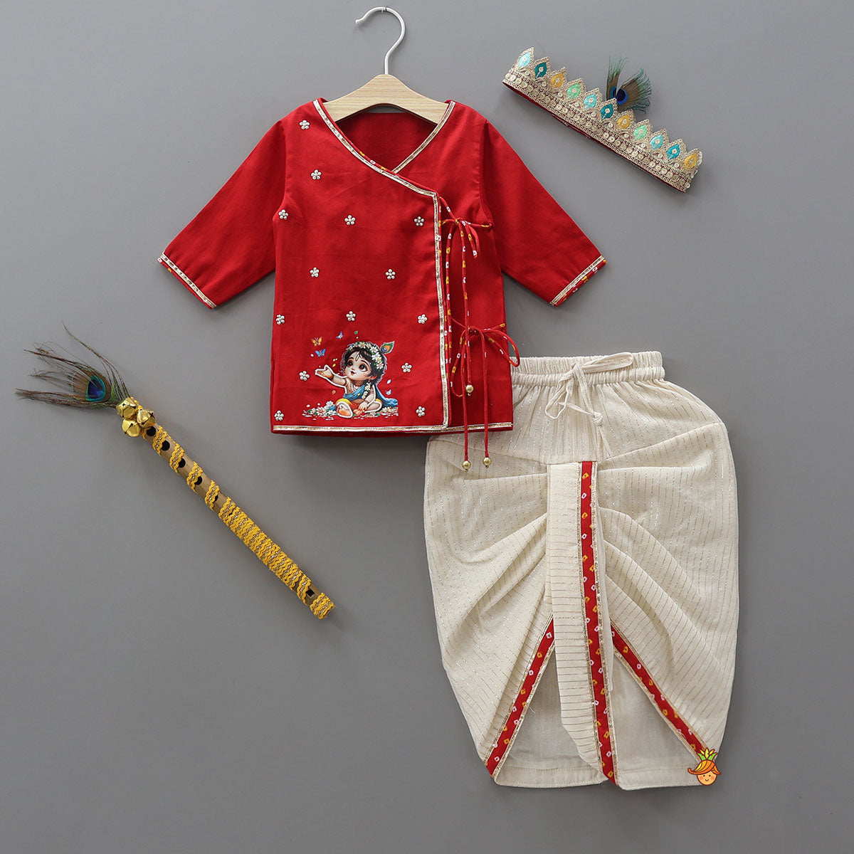 Pre Order: Krishna Motif Printed Kurta And Dhoti With Mukut And Basuri