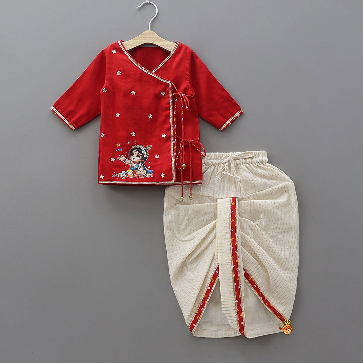 Pre Order: Krishna Motif Printed Kurta And Dhoti With Mukut And Basuri