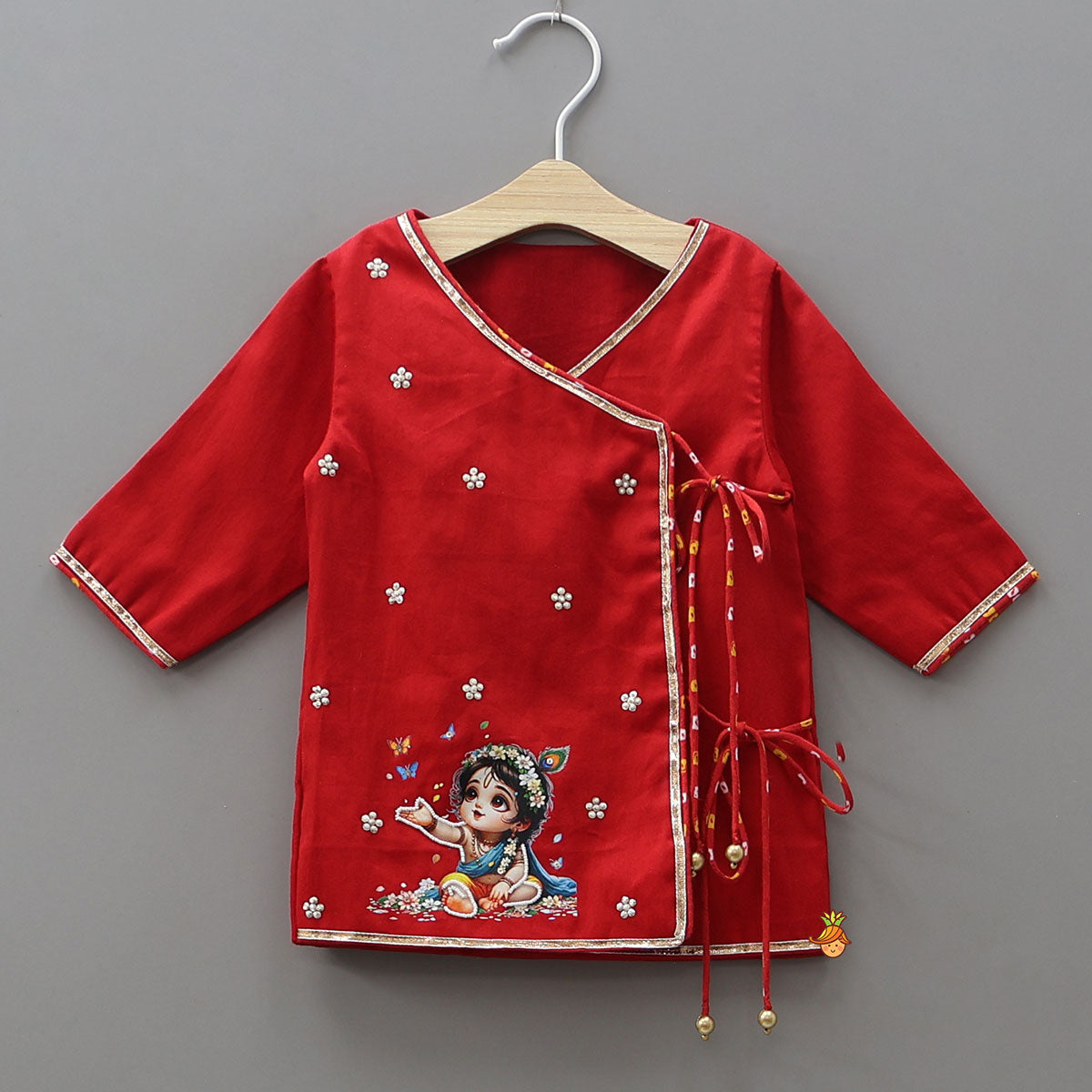 Pre Order: Krishna Motif Printed Kurta And Dhoti With Mukut And Basuri