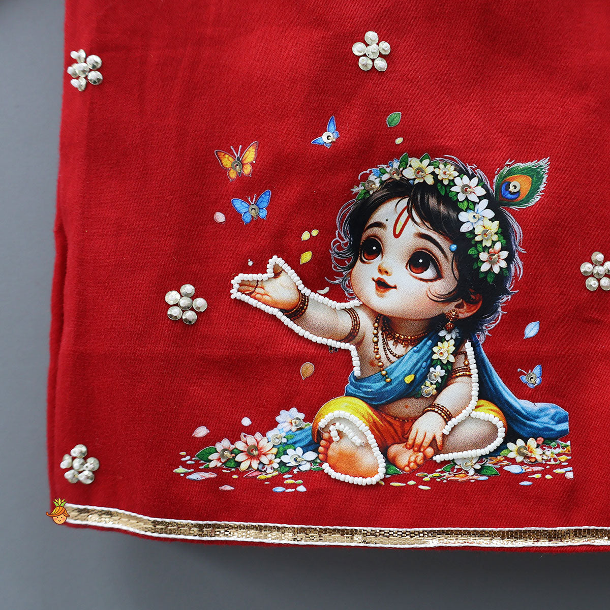 Pre Order: Krishna Motif Printed Kurta And Dhoti With Mukut And Basuri