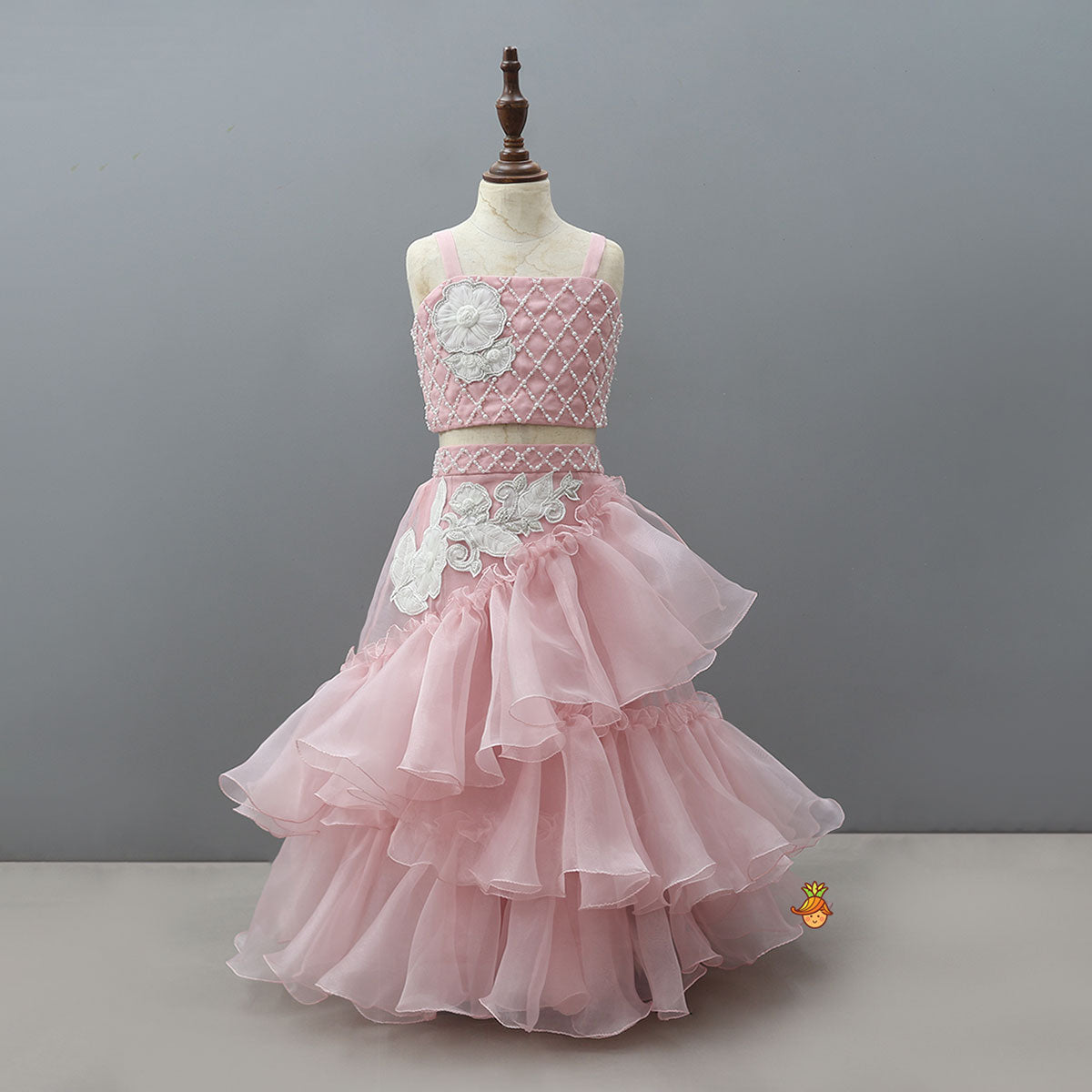 Pre Order: Applique Handwork Crop Top And Ruffle Lehenga With Dupatta