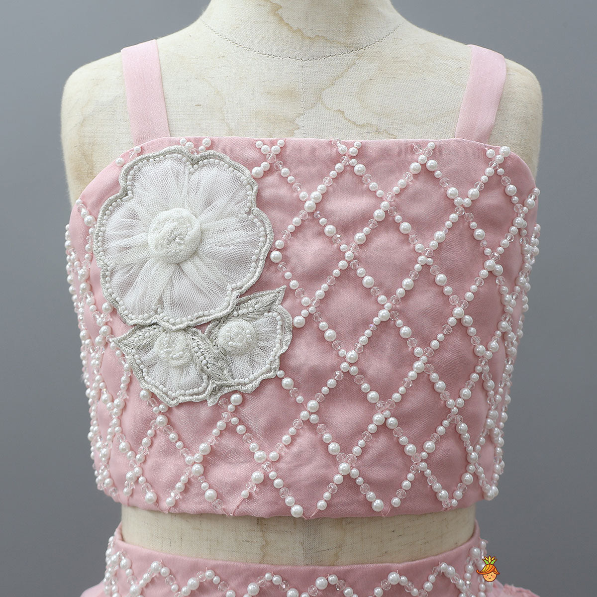 Pre Order: Applique Handwork Crop Top And Ruffle Lehenga With Dupatta