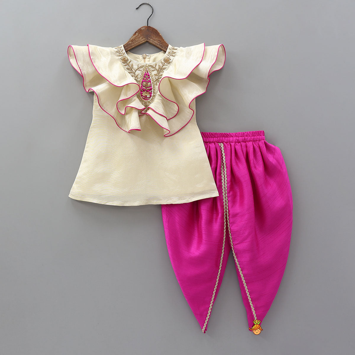 Pre Order: Zari Hand Embroidered Ruffles Kurti With Tulip Dhoti