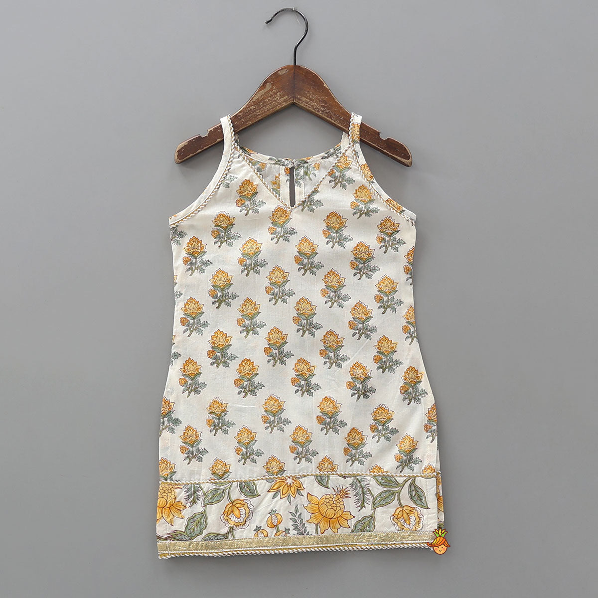 Pre Order: Floral Printed Cotton Kurti And Pant With Lurex Striped Matching Dupatta
