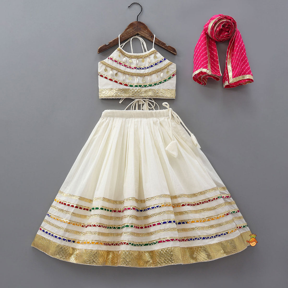 Pre Order: Contrasting Lace Work Halter Neck Crop Top And Lehenga With Leheriya Printed Dupatta