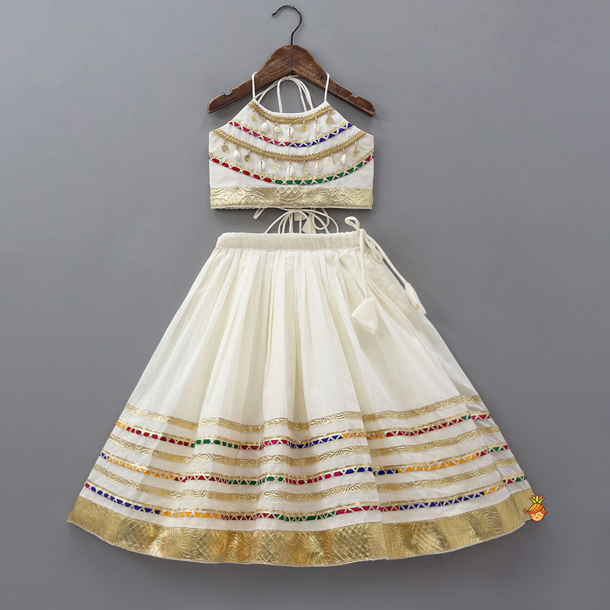 Pre Order: Contrasting Lace Work Halter Neck Crop Top And Lehenga With Leheriya Printed Dupatta