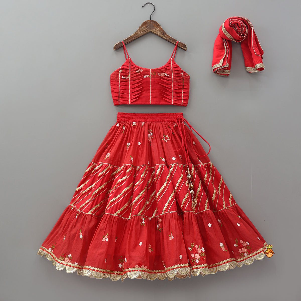 Pre Order: Graceful Pleated Crop Top And Floral Tiered Lehenga With Dupatta