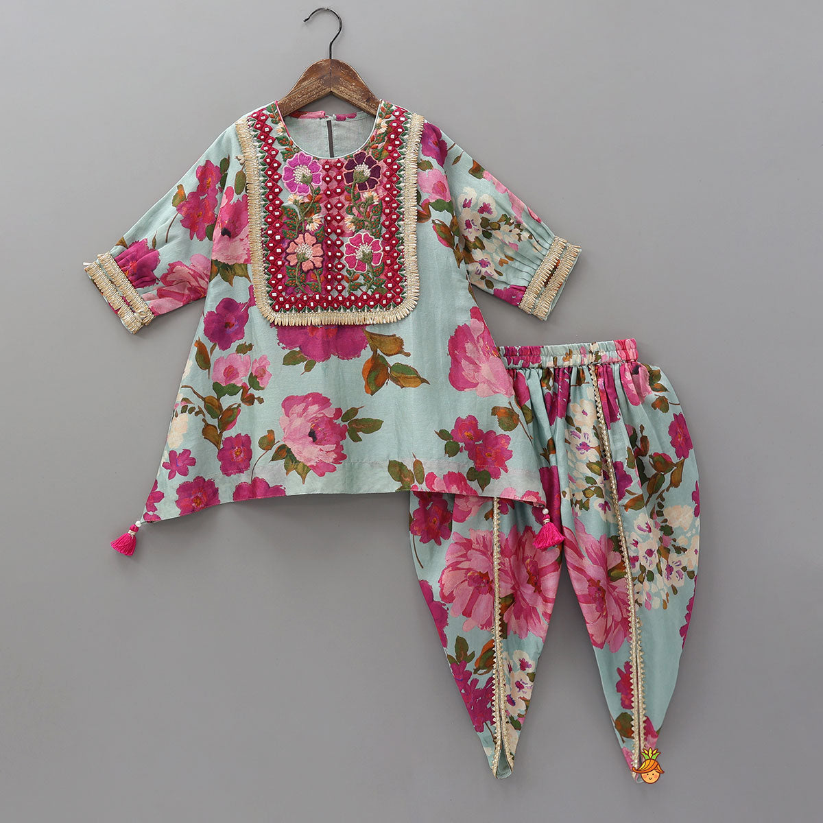 Pre Order: Floral Embroidered Yoke Kurti And Matching Dhoti Pant