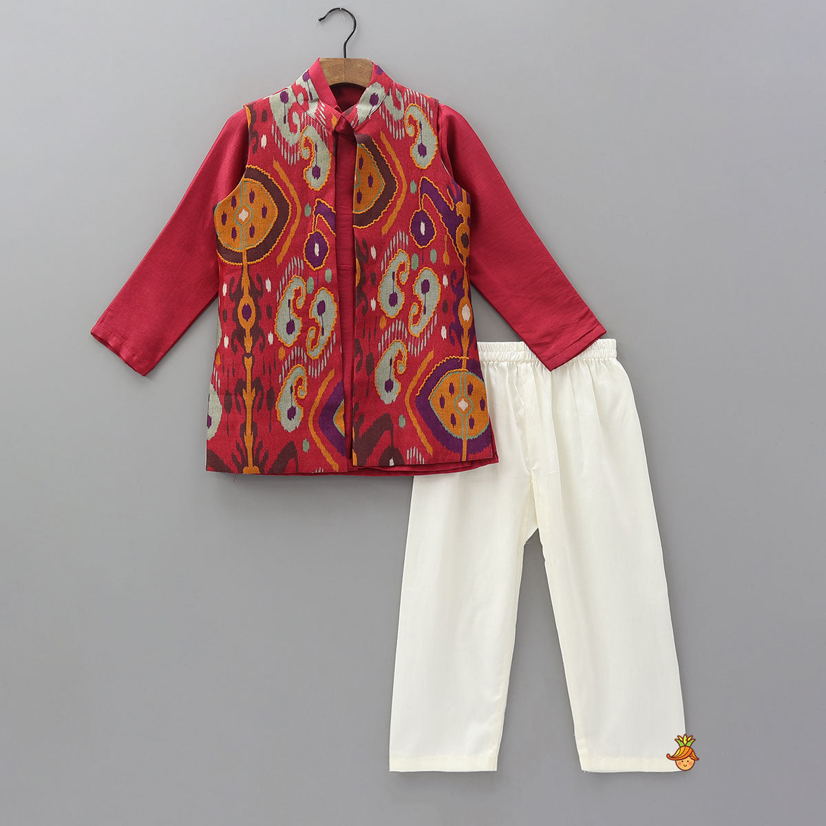Pre Order: Front Open Ethnic Kurta With Printed Jacket And Pyjama