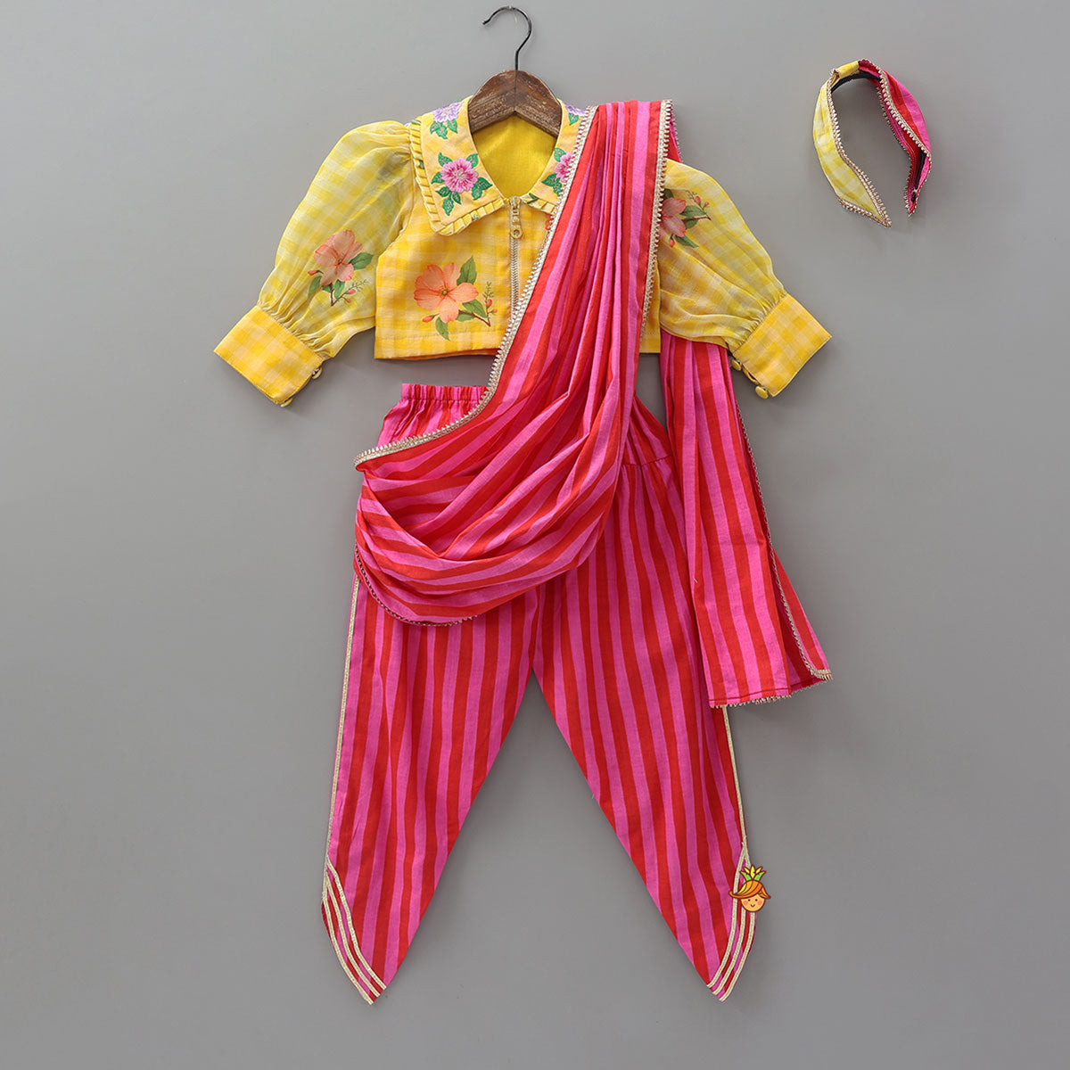 Pre Order: Collar Neck Crop Top And Dhoti Style Pant With Detachable Dupatta And Hair Band