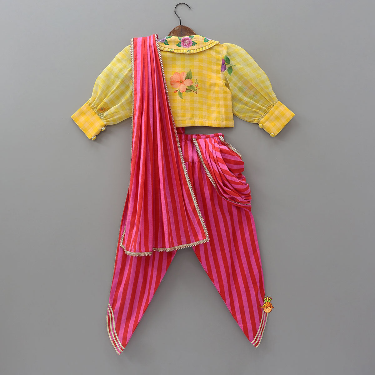 Pre Order: Collar Neck Crop Top And Dhoti Style Pant With Detachable Dupatta And Hair Band