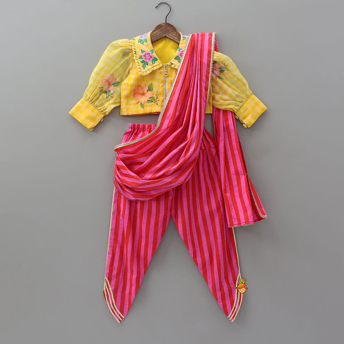 Pre Order: Collar Neck Crop Top And Dhoti Style Pant With Detachable Dupatta And Hair Band