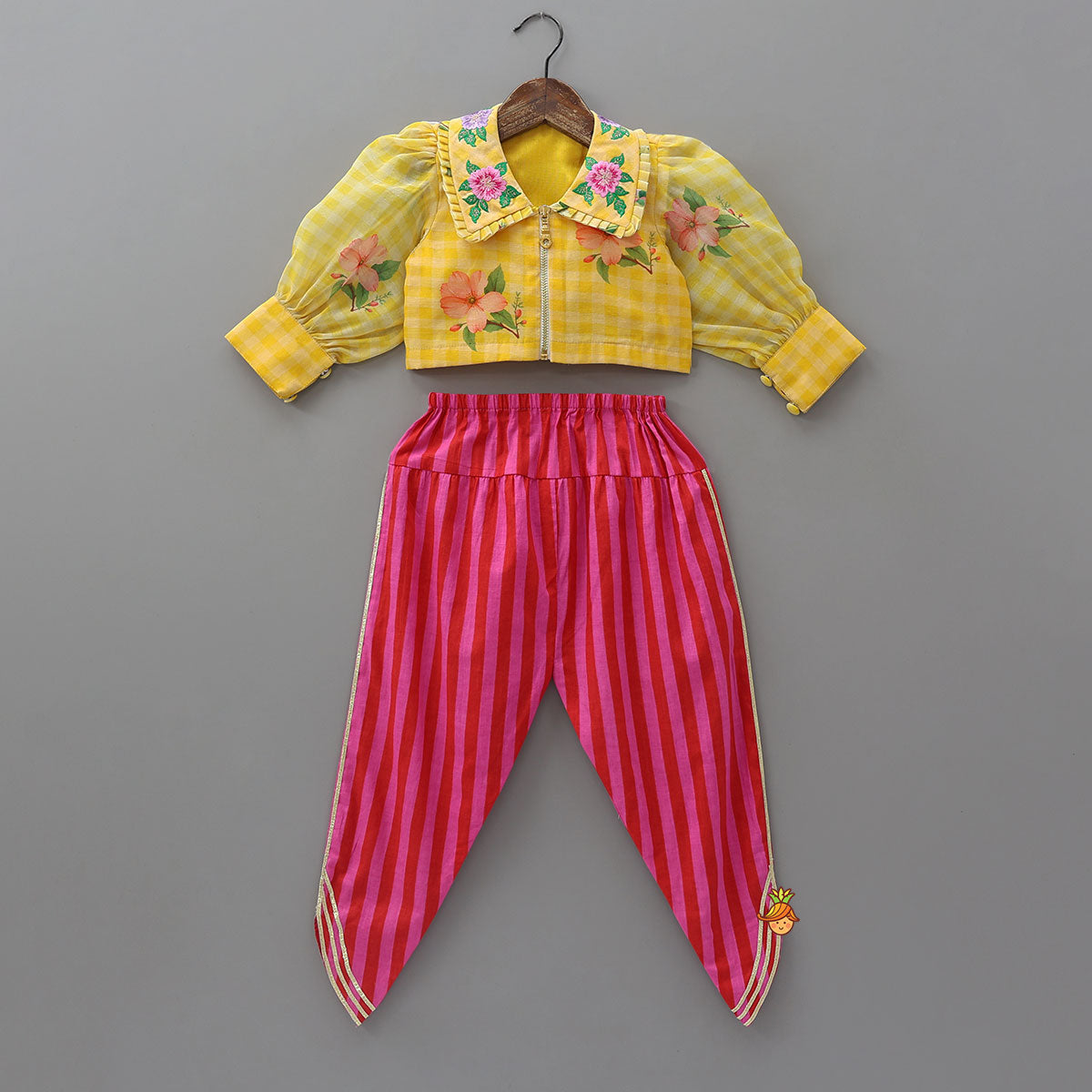 Pre Order: Collar Neck Crop Top And Dhoti Style Pant With Detachable Dupatta And Hair Band