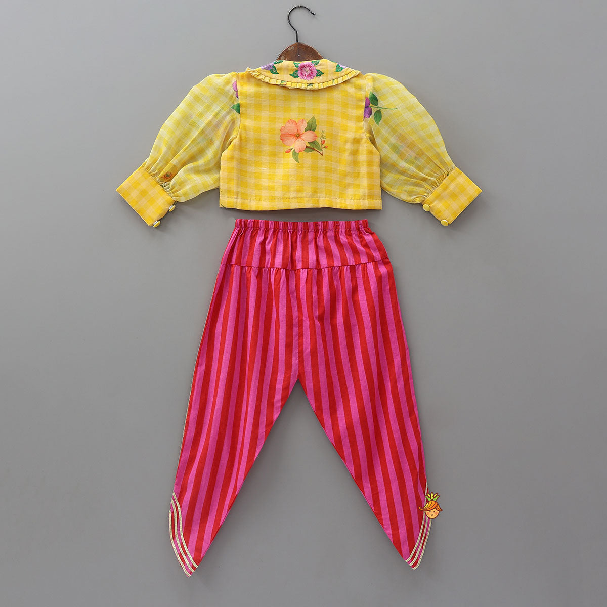 Pre Order: Collar Neck Crop Top And Dhoti Style Pant With Detachable Dupatta And Hair Band