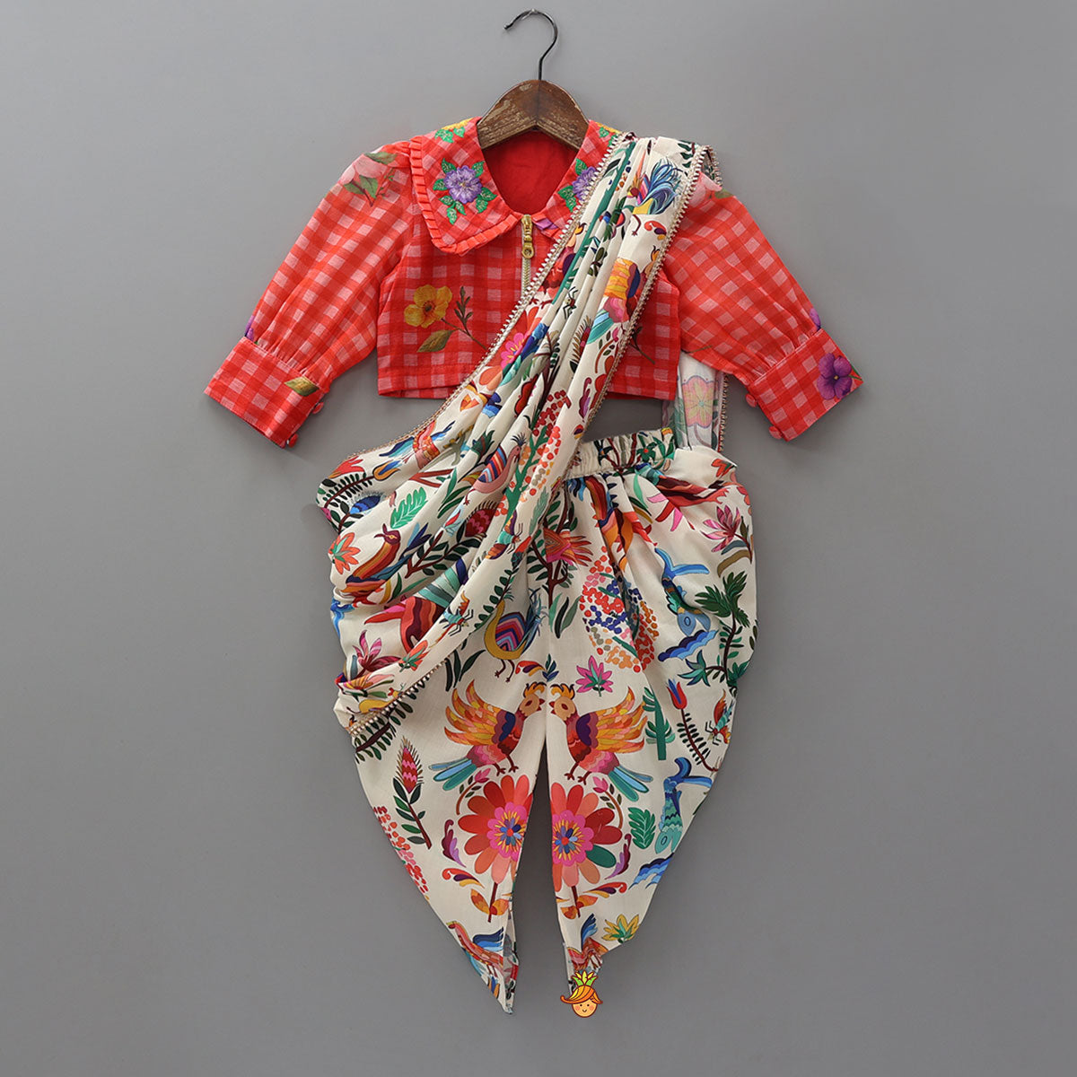 Pre Order: Floral Jacket Style Top And Dhoti With Dupatta And Hair Band