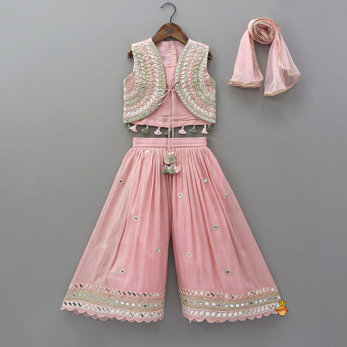 Pre Order: Faux Mirror Work Shimmery Crop Top And Matching Palazzo With Dupatta