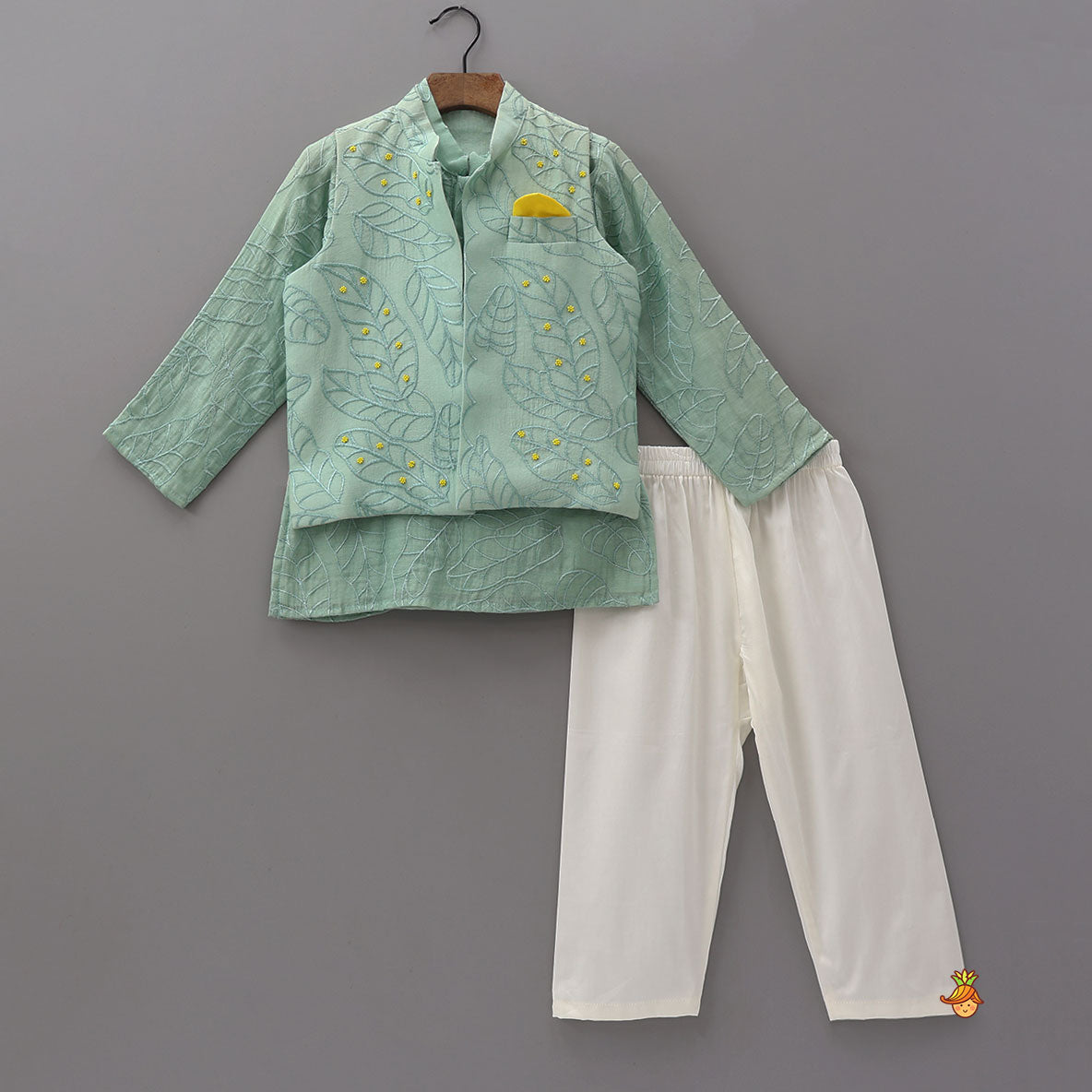 Pre Order: Leaf Motif Embroidered Kurta With Jacket And Pyjama