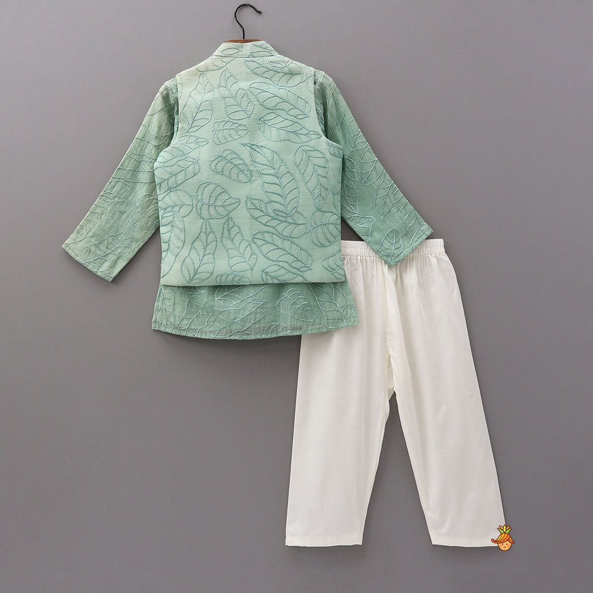 Pre Order: Leaf Motif Embroidered Kurta With Jacket And Pyjama