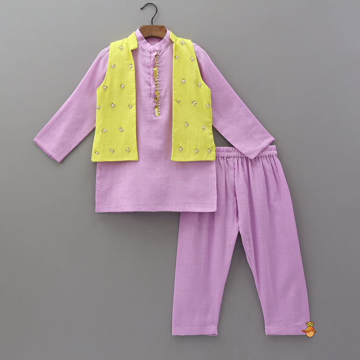 Sequined Front Placket Kurta With Contrasting Jacket And Pyjama