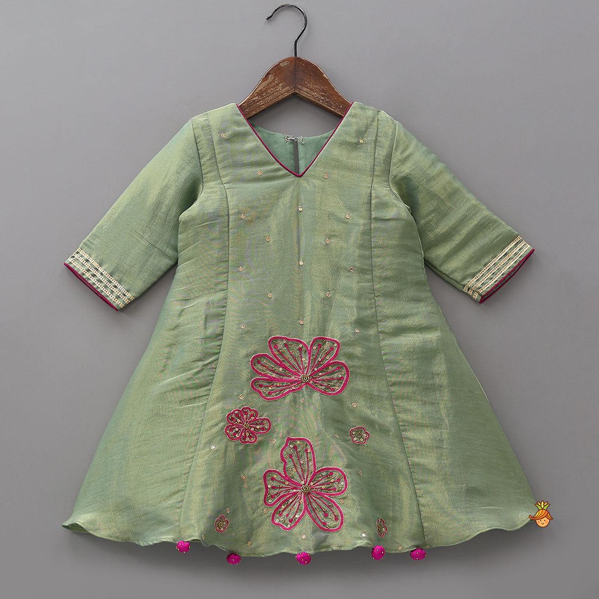 Pre Order: Floral Embroidered A-line Shimmery Kurti And Palazzo