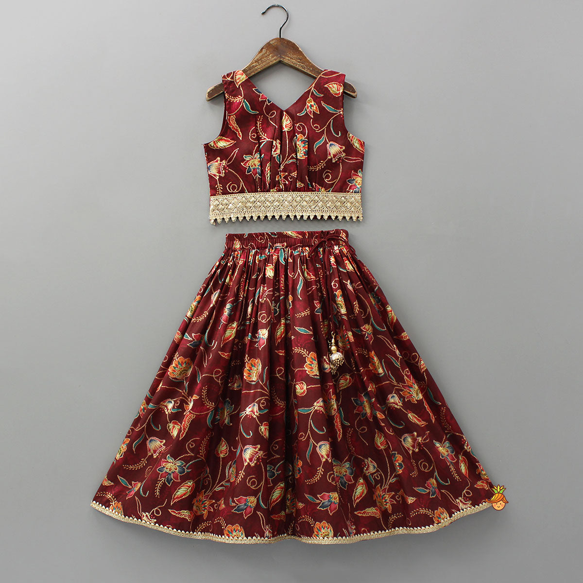 V Neck Printed Top And Lehenga With Ruffle Net Dupatta