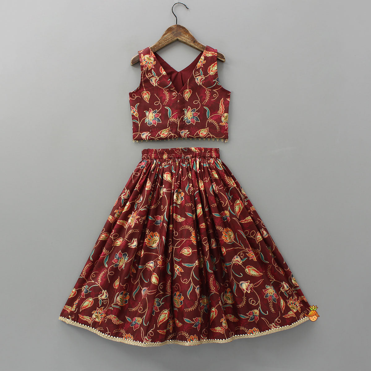 V Neck Printed Top And Lehenga With Ruffle Net Dupatta