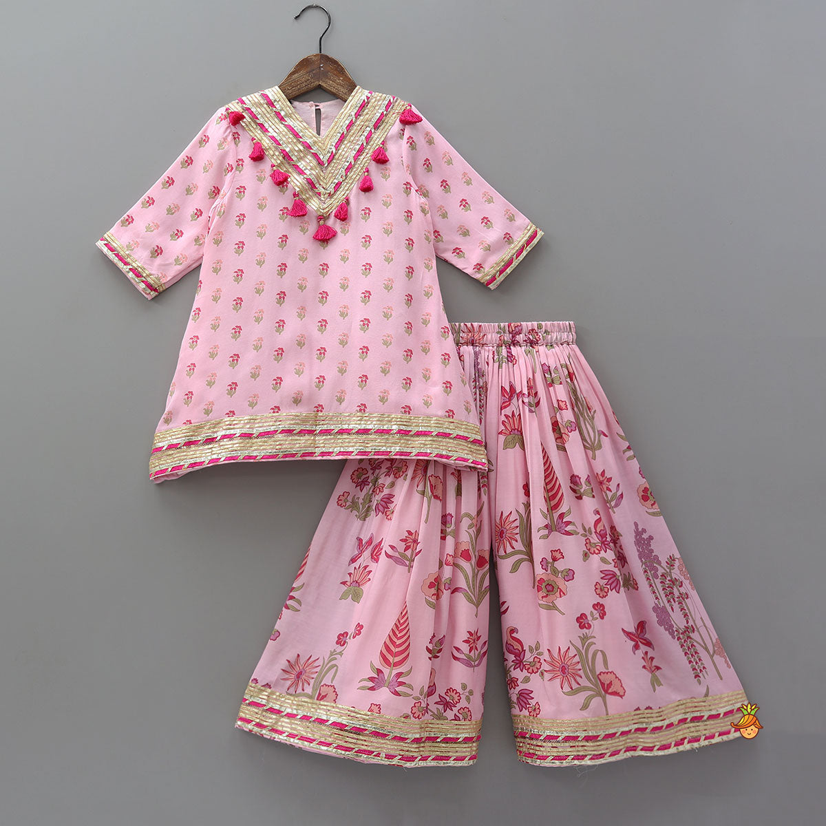Pre Order: Fringe-Detail Yoke Kurti And Palazzo