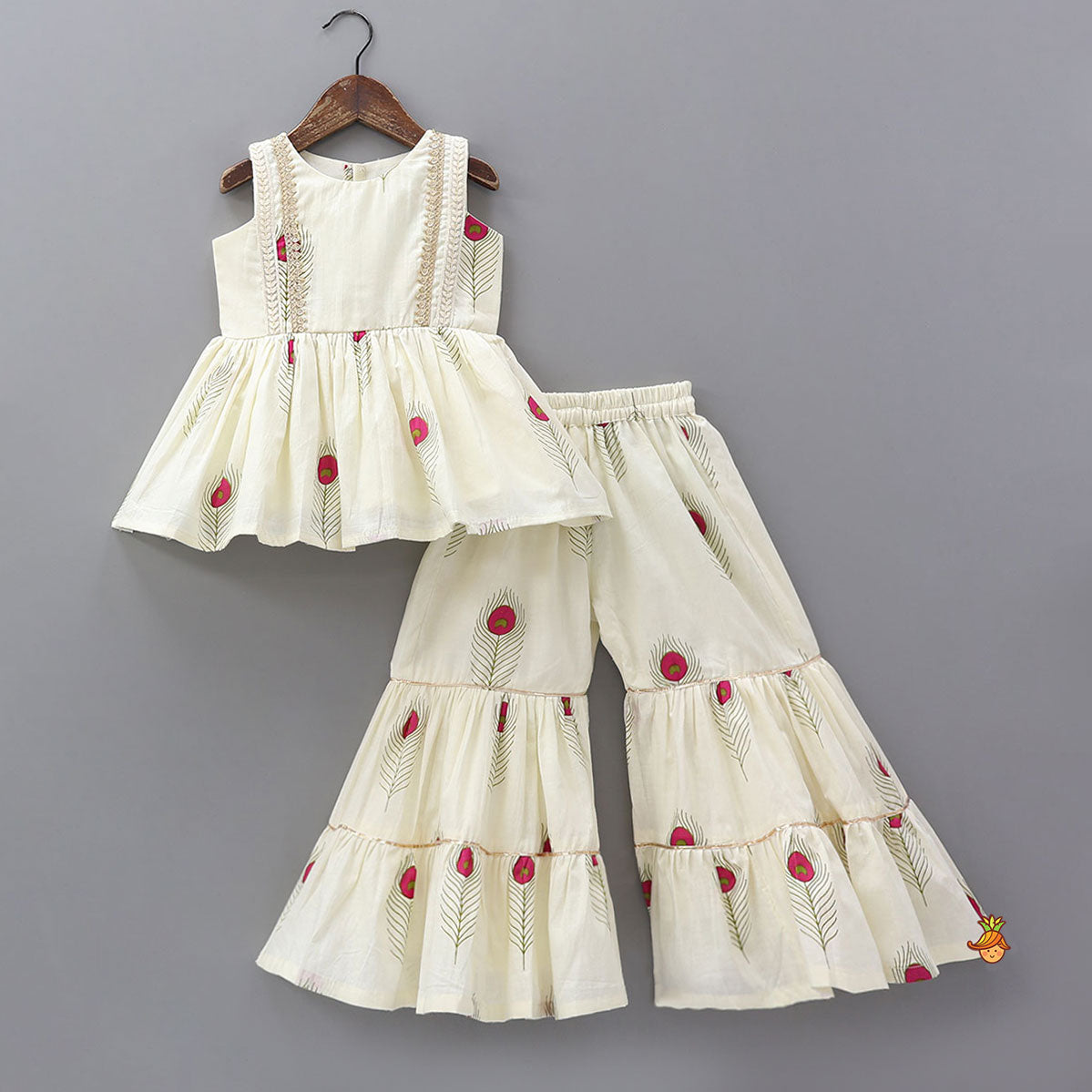 Pre Order: Mor Pankh Printed Top And Tiered Sharara