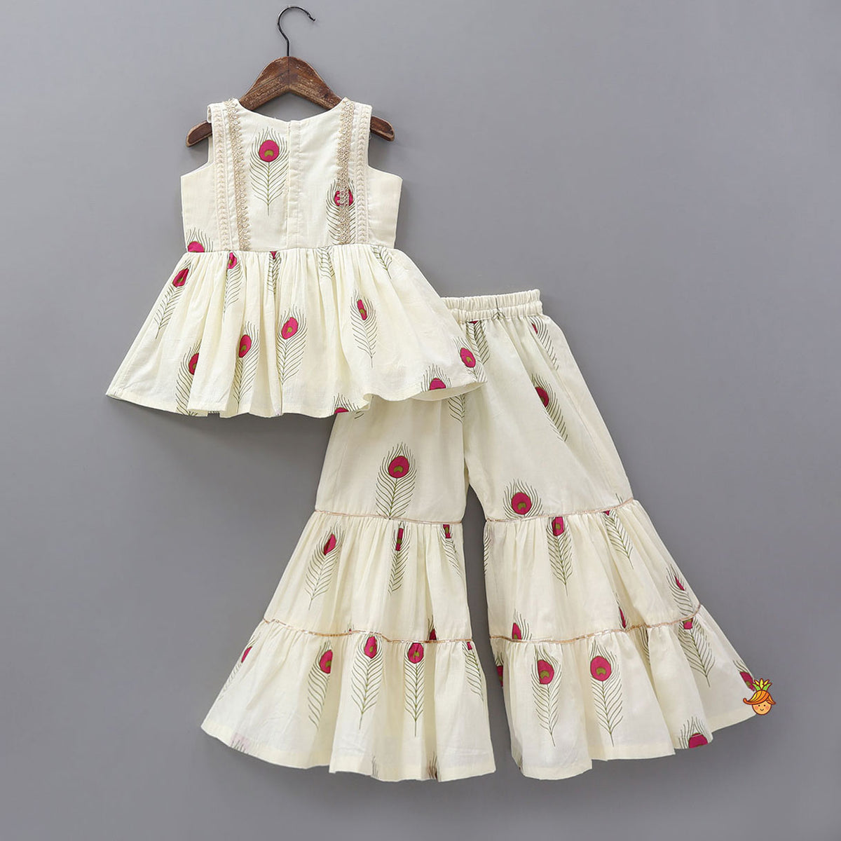 Pre Order: Mor Pankh Printed Top And Tiered Sharara