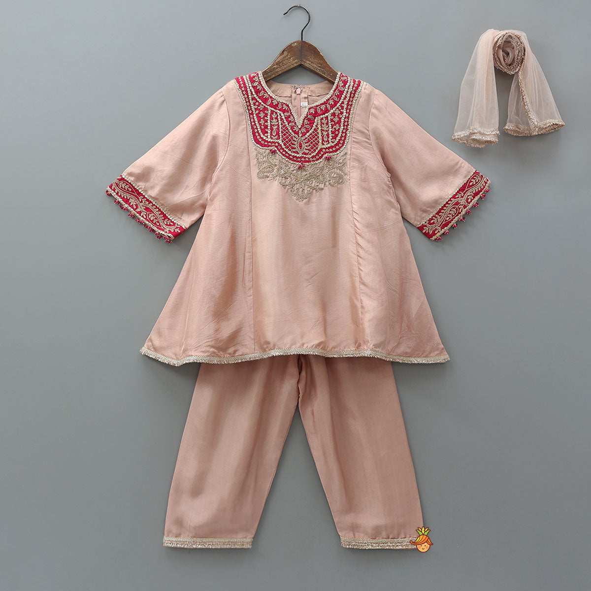 Pre Order: Contrasting Yoke Embroidered Silk Kurti And Pant With Dupatta