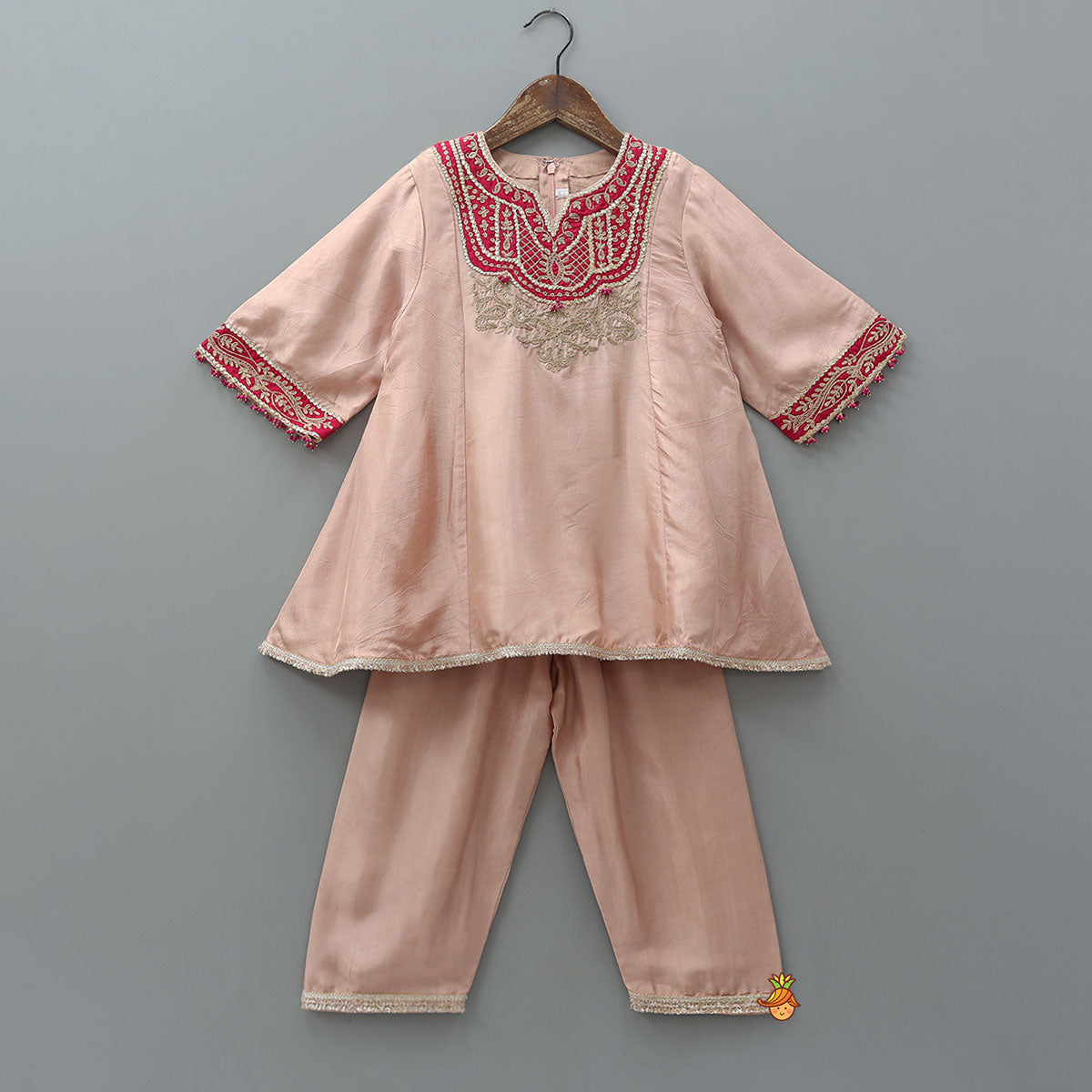 Pre Order: Contrasting Yoke Embroidered Silk Kurti And Pant With Dupatta