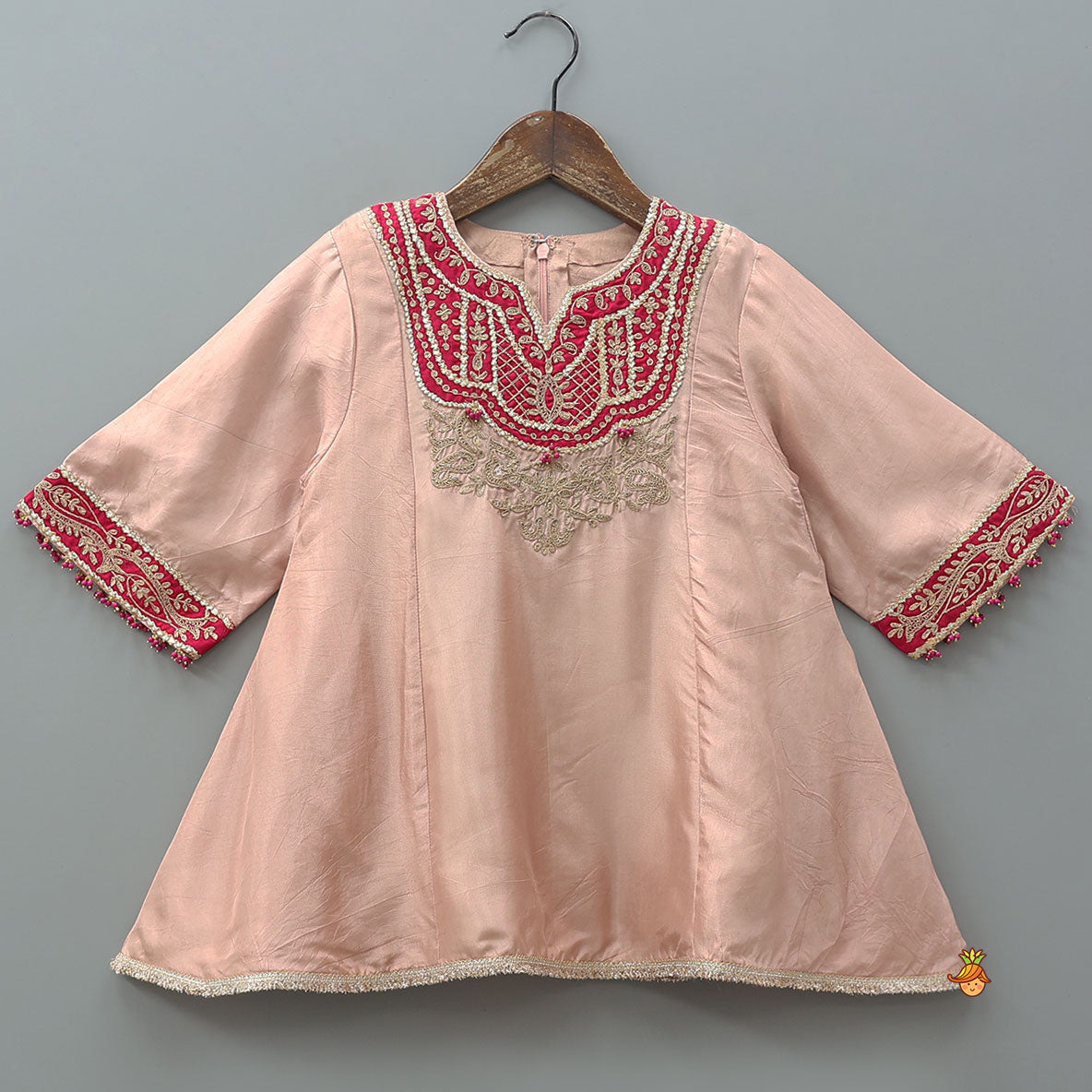 Pre Order: Contrasting Yoke Embroidered Silk Kurti And Pant With Dupatta