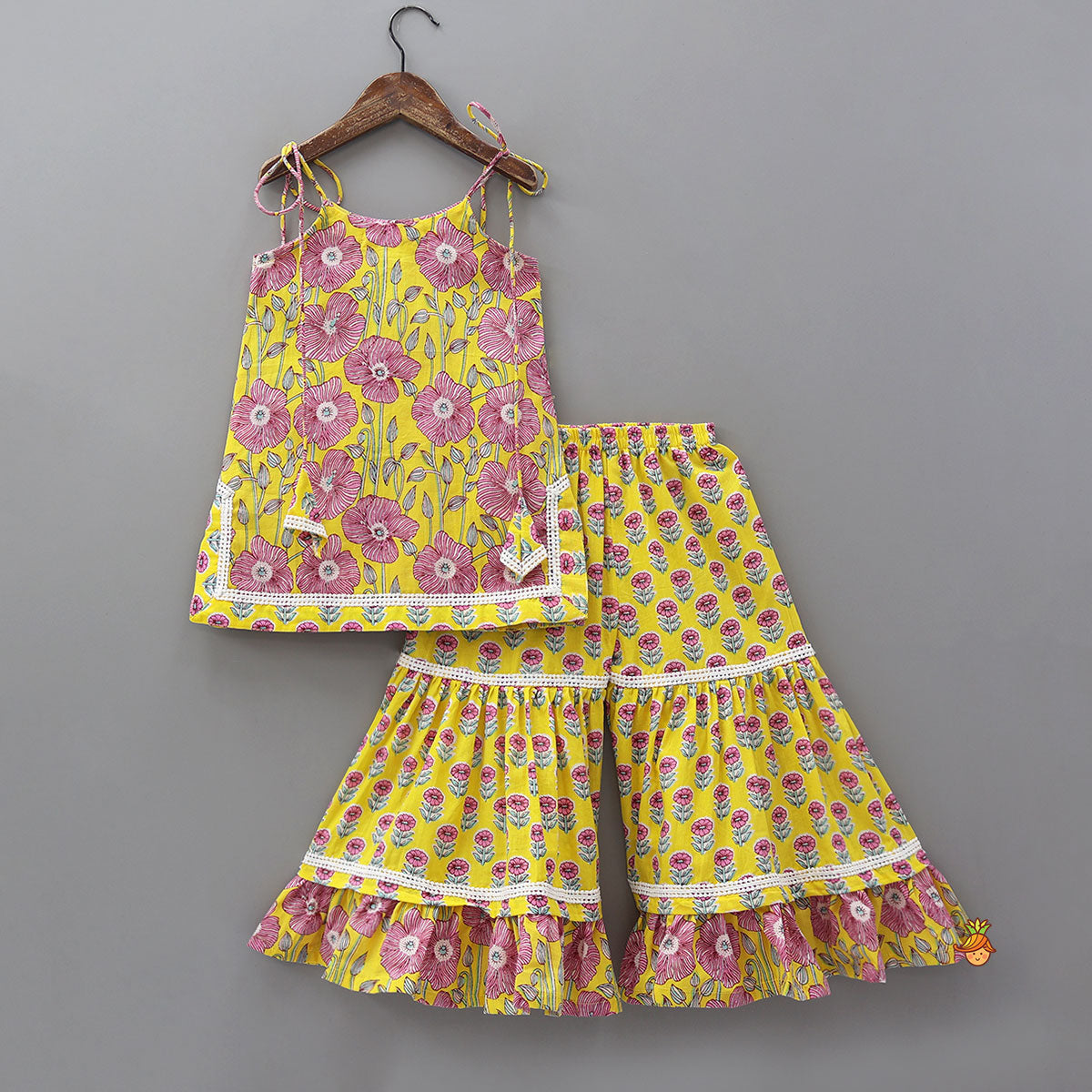 Pre Order: Strappy Floral Cotton Kurti With Sharara And Matching Dupatta