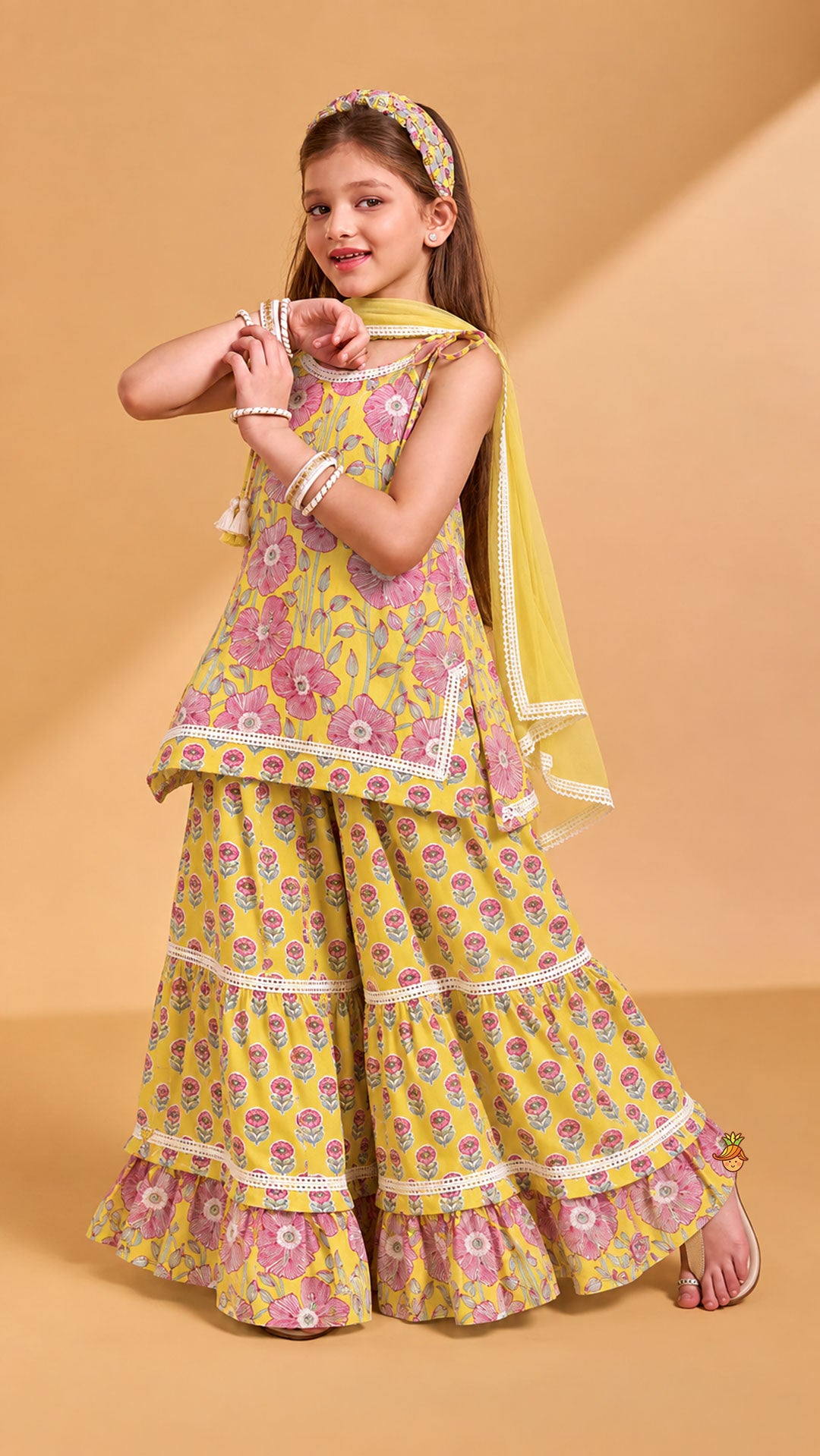 Pre Order: Strappy Floral Cotton Kurti With Sharara And Matching Dupatta