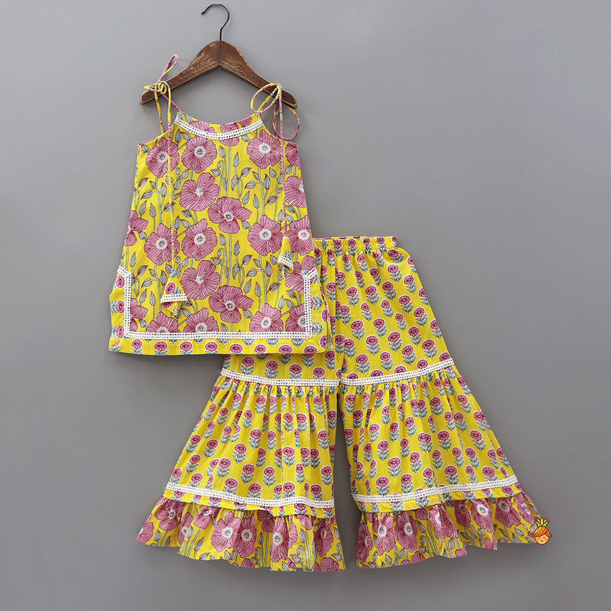 Pre Order: Strappy Floral Cotton Kurti With Sharara And Matching Dupatta