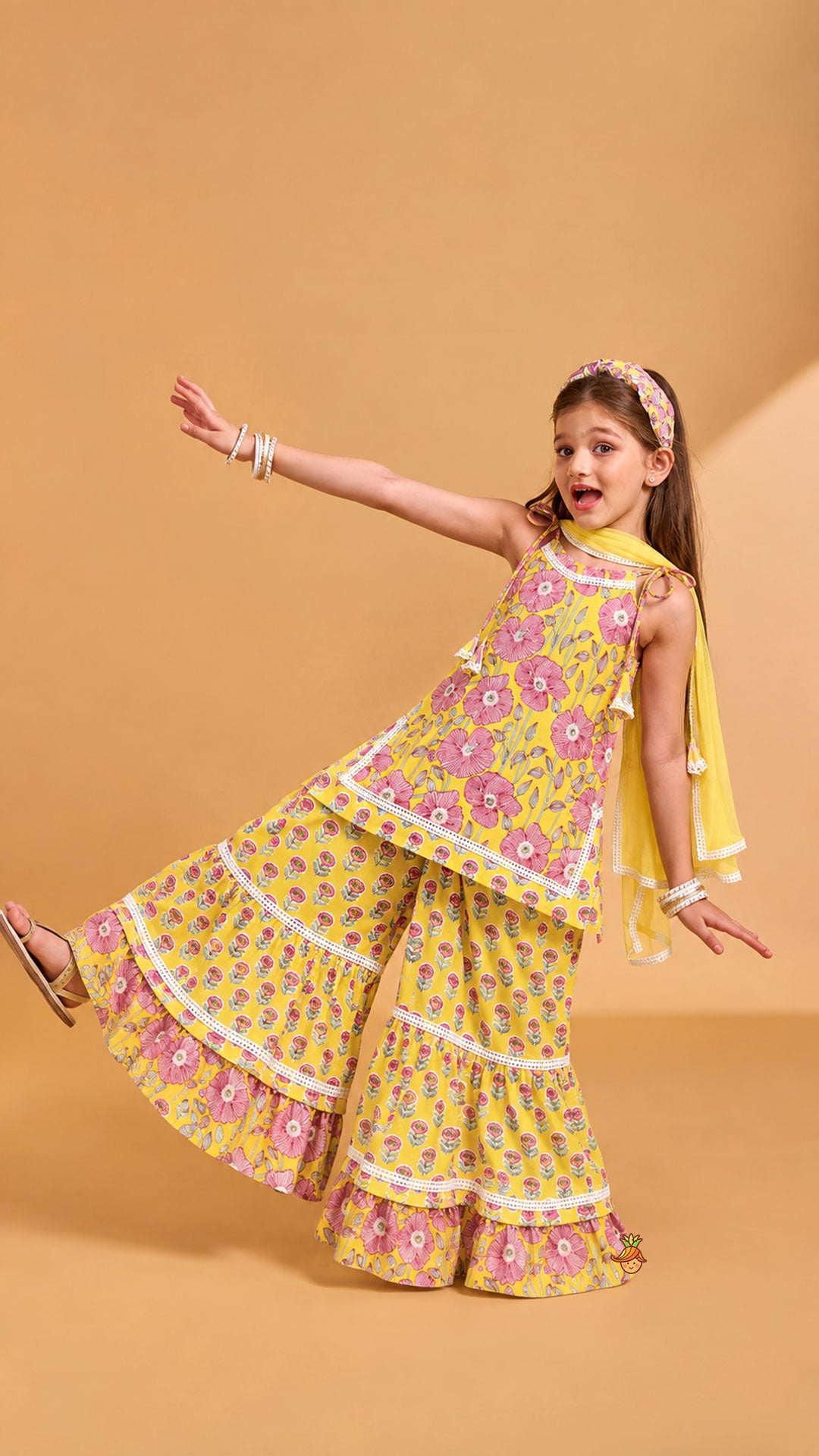 Pre Order: Strappy Floral Cotton Kurti With Sharara And Matching Dupatta