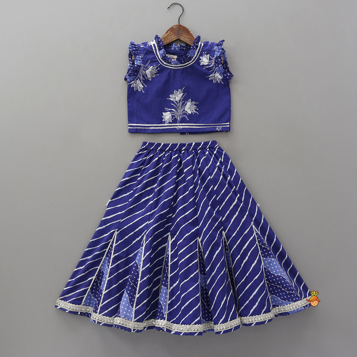 Pre Order: Ruffle Neck Crop Top And Leheriya Print Lehenga