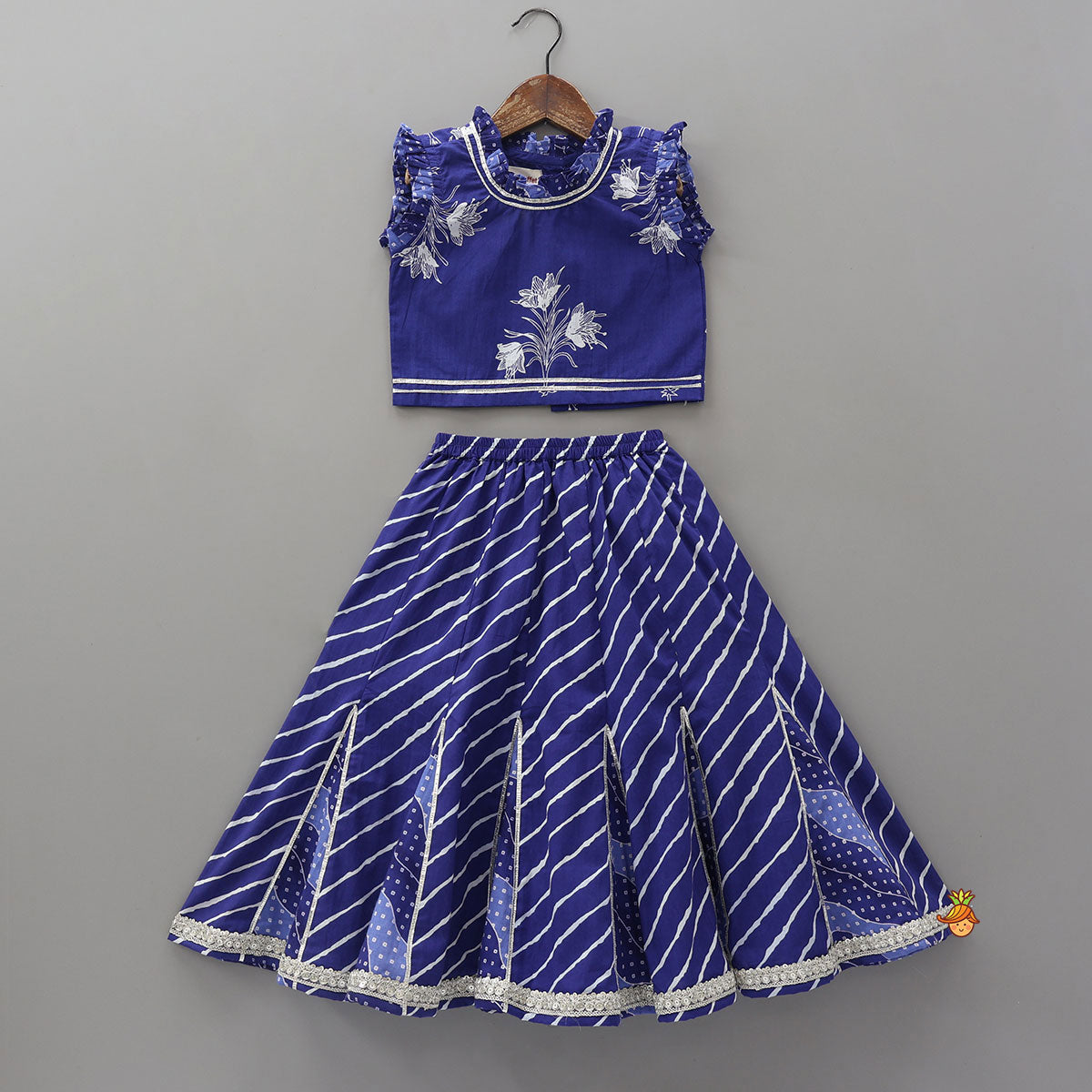 Pre Order: Ruffle Neck Crop Top And Leheriya Print Lehenga