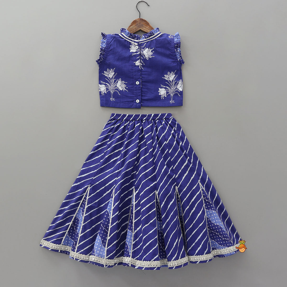 Pre Order: Ruffle Neck Crop Top And Leheriya Print Lehenga