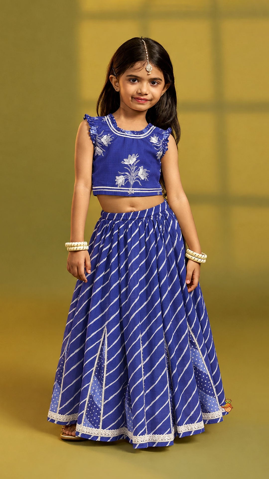 Pre Order: Ruffle Neck Crop Top And Leheriya Print Lehenga