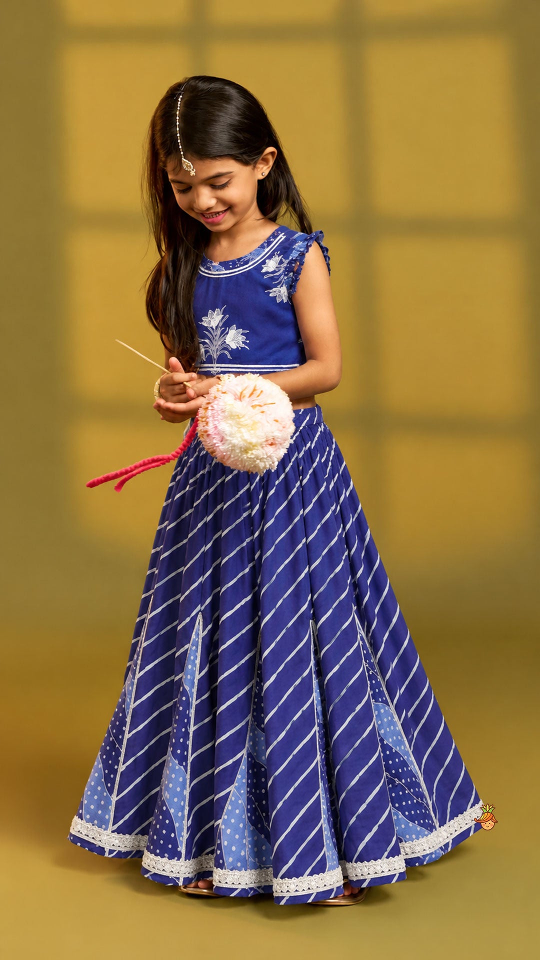 Pre Order: Ruffle Neck Crop Top And Leheriya Print Lehenga