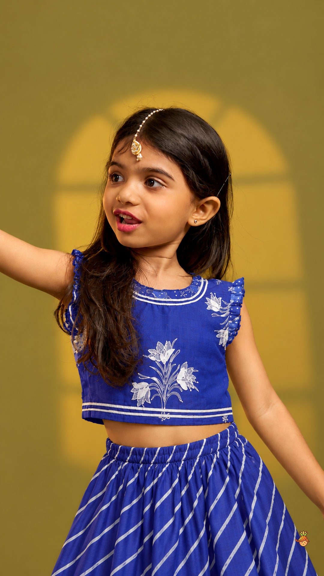 Pre Order: Ruffle Neck Crop Top And Leheriya Print Lehenga