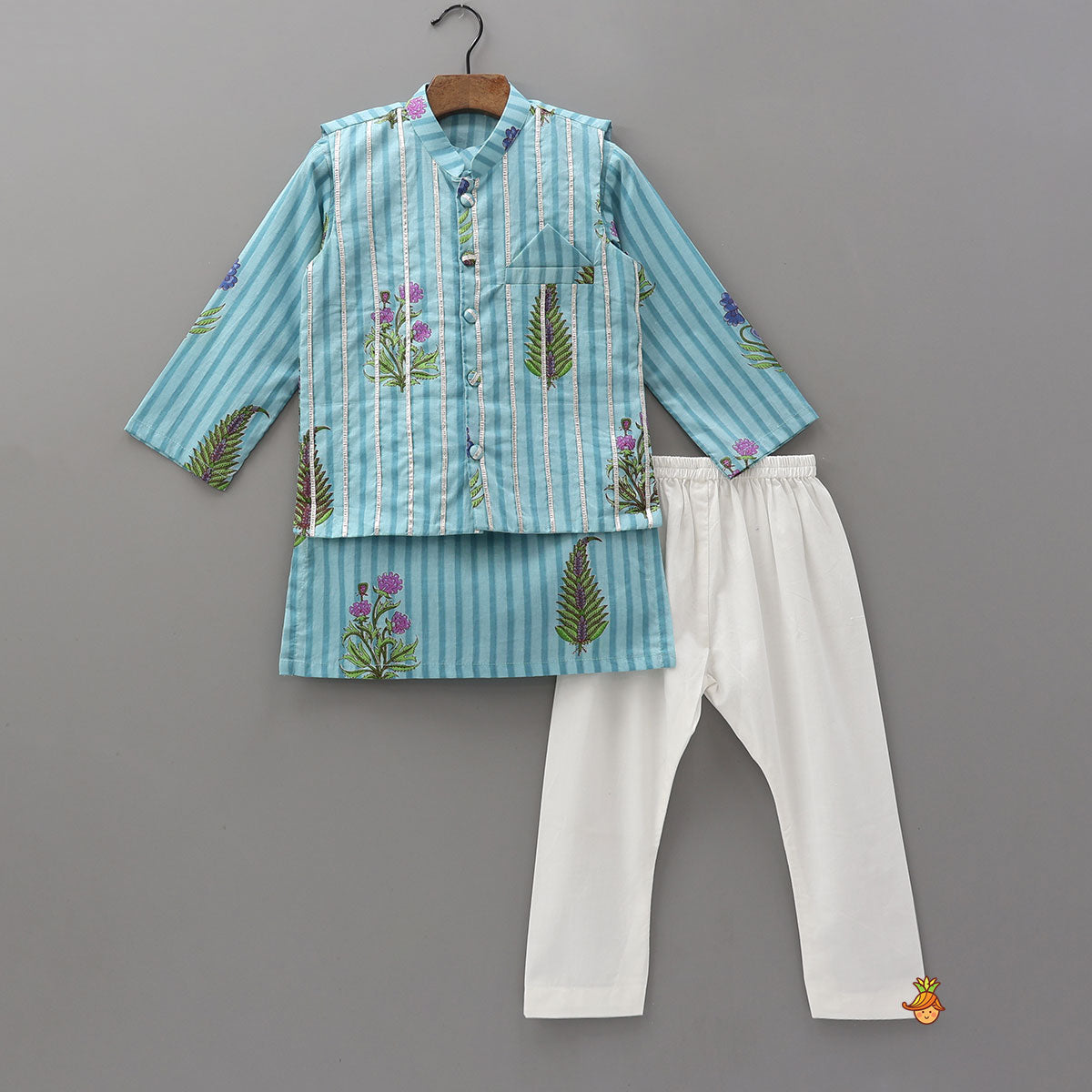 Pre Order: Soft Cotton Printed Ethnic Kurta With Jacket And Pyjama