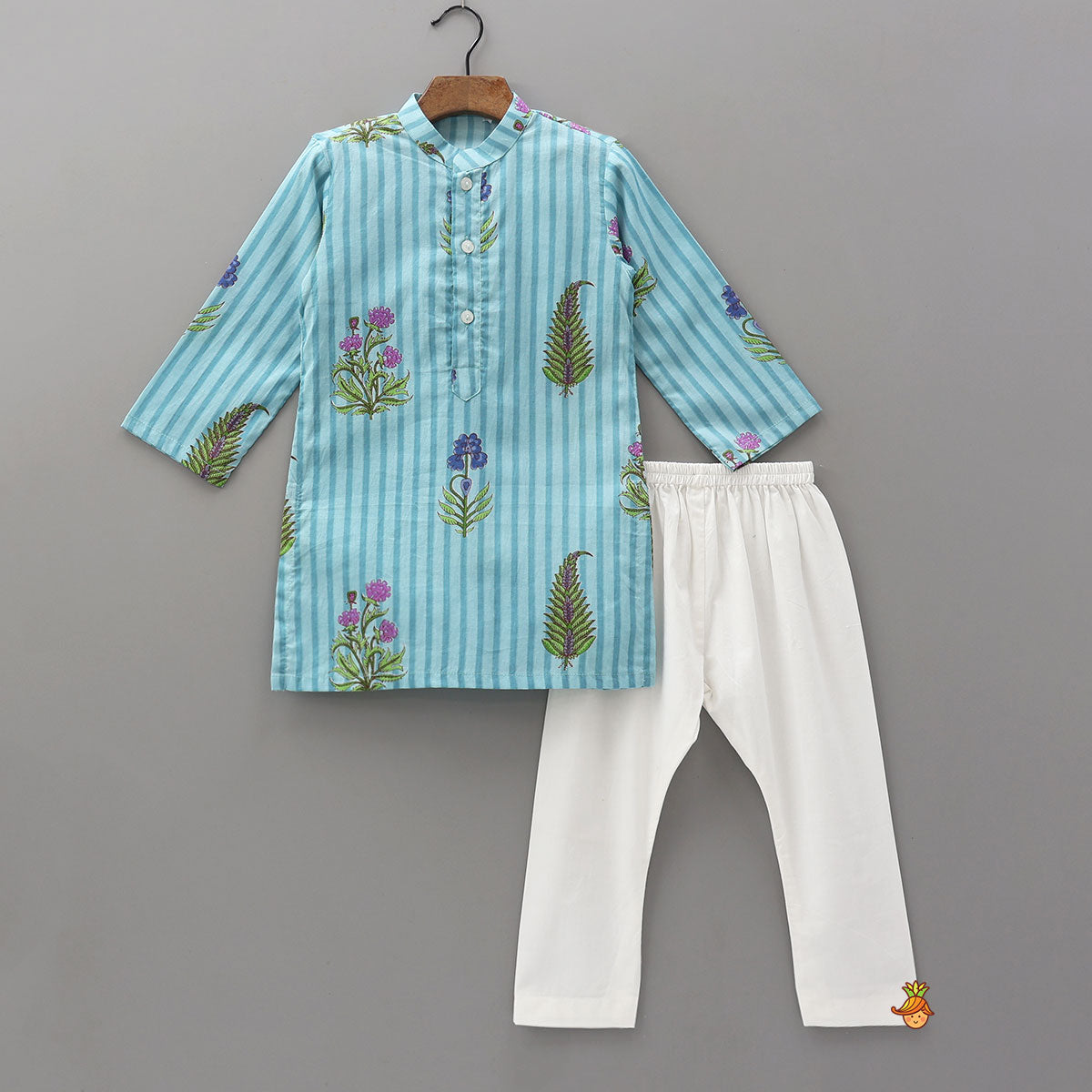 Pre Order: Soft Cotton Printed Ethnic Kurta With Jacket And Pyjama