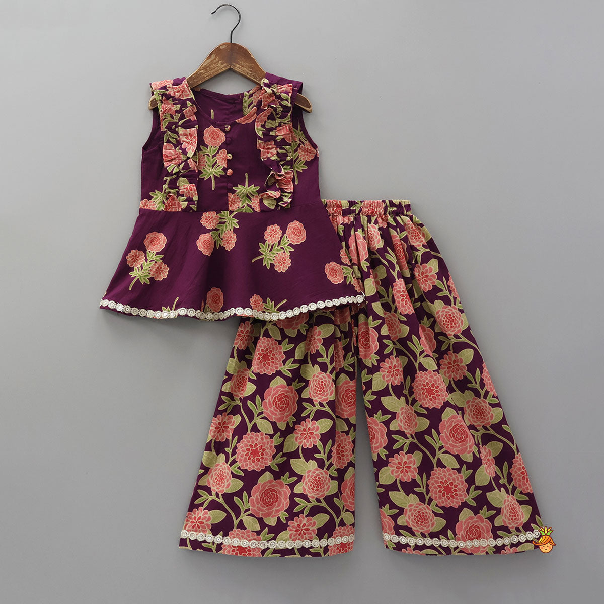Pre Order: Potli Button Ruffle Top And Floral Print Palazzo